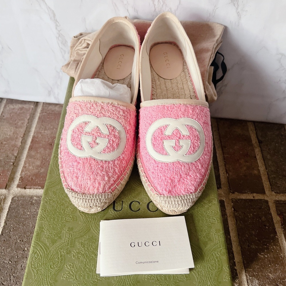 Gucci GG Logo Monogram Interlocking G Terry Espadrille Flat Pink Womens EU 36